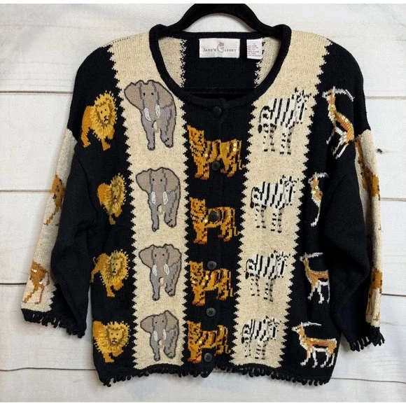 Jane's Closet Vintage Safari Animal Beaded Silk Blend Cardigan Sweater Large - Picture 1 of 8